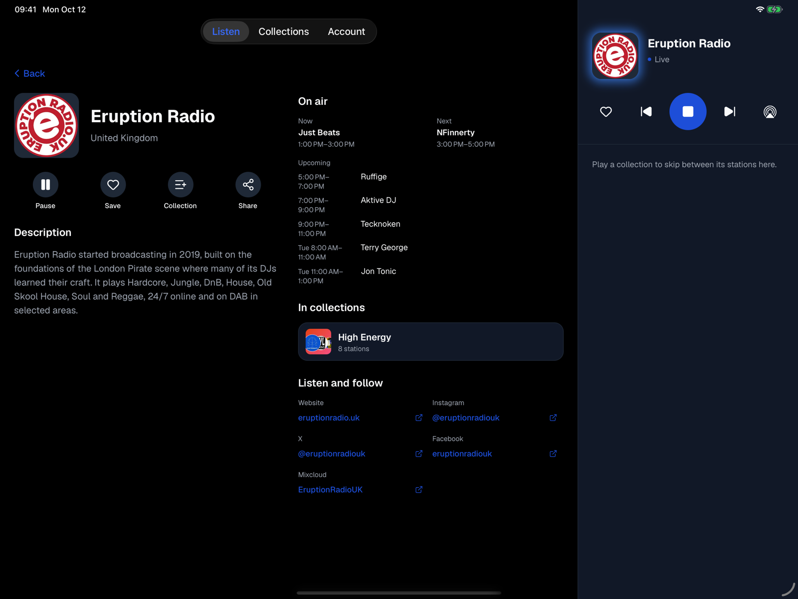 Commons Radio op iPad — Eruption Radio met het uitzendschema en de radiospeler